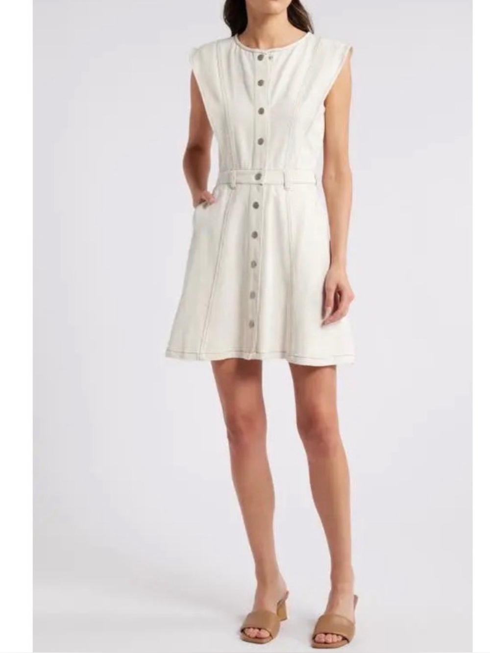 Mila Mae Beige Cotton Denim Button Front Mini Dress Cream Sleeveless Size S